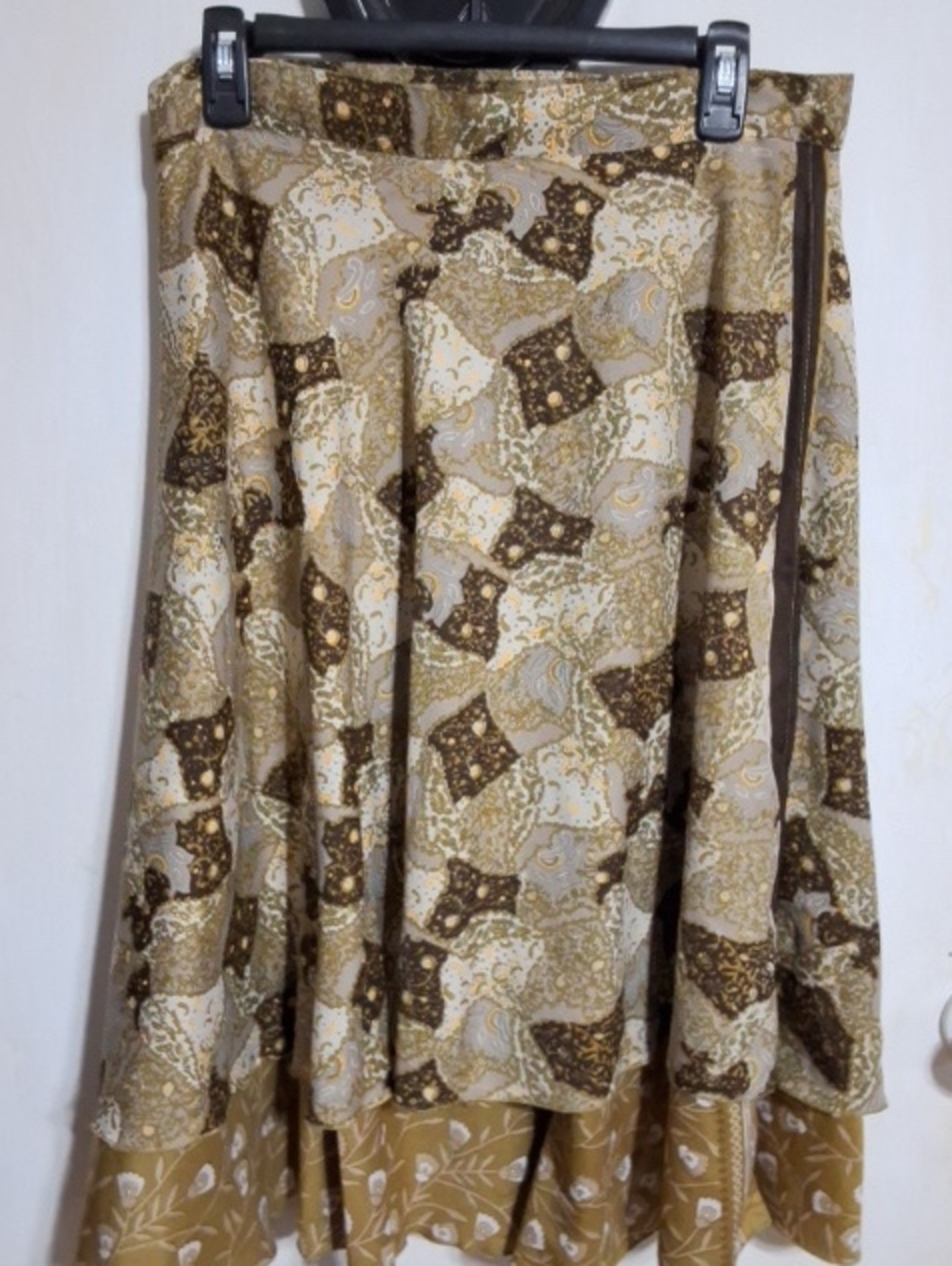 Patchwork-Print Circle Skirt in Brown and Cream